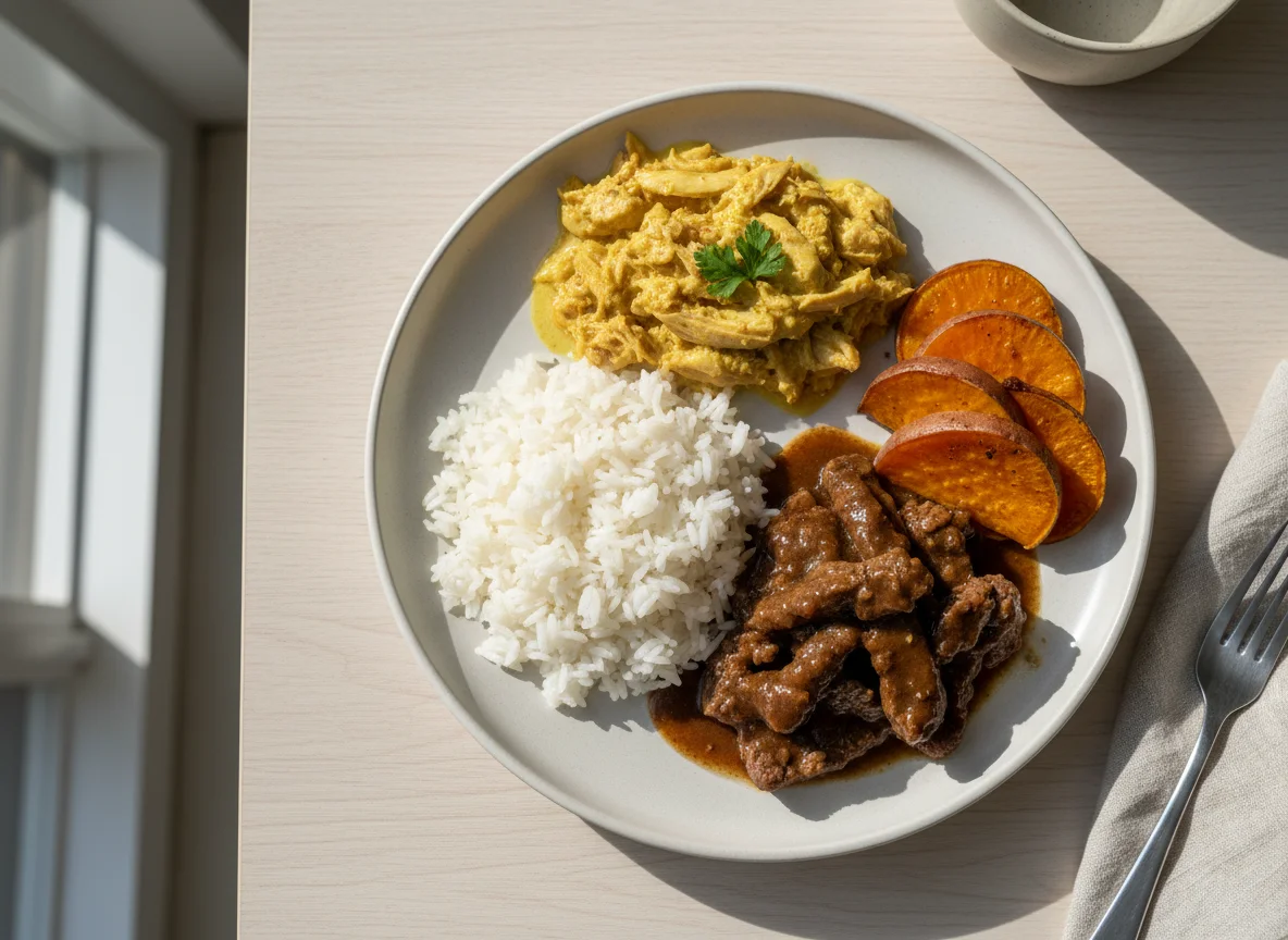 Prato com arroz, carne, frango cremoso e batata doce photo