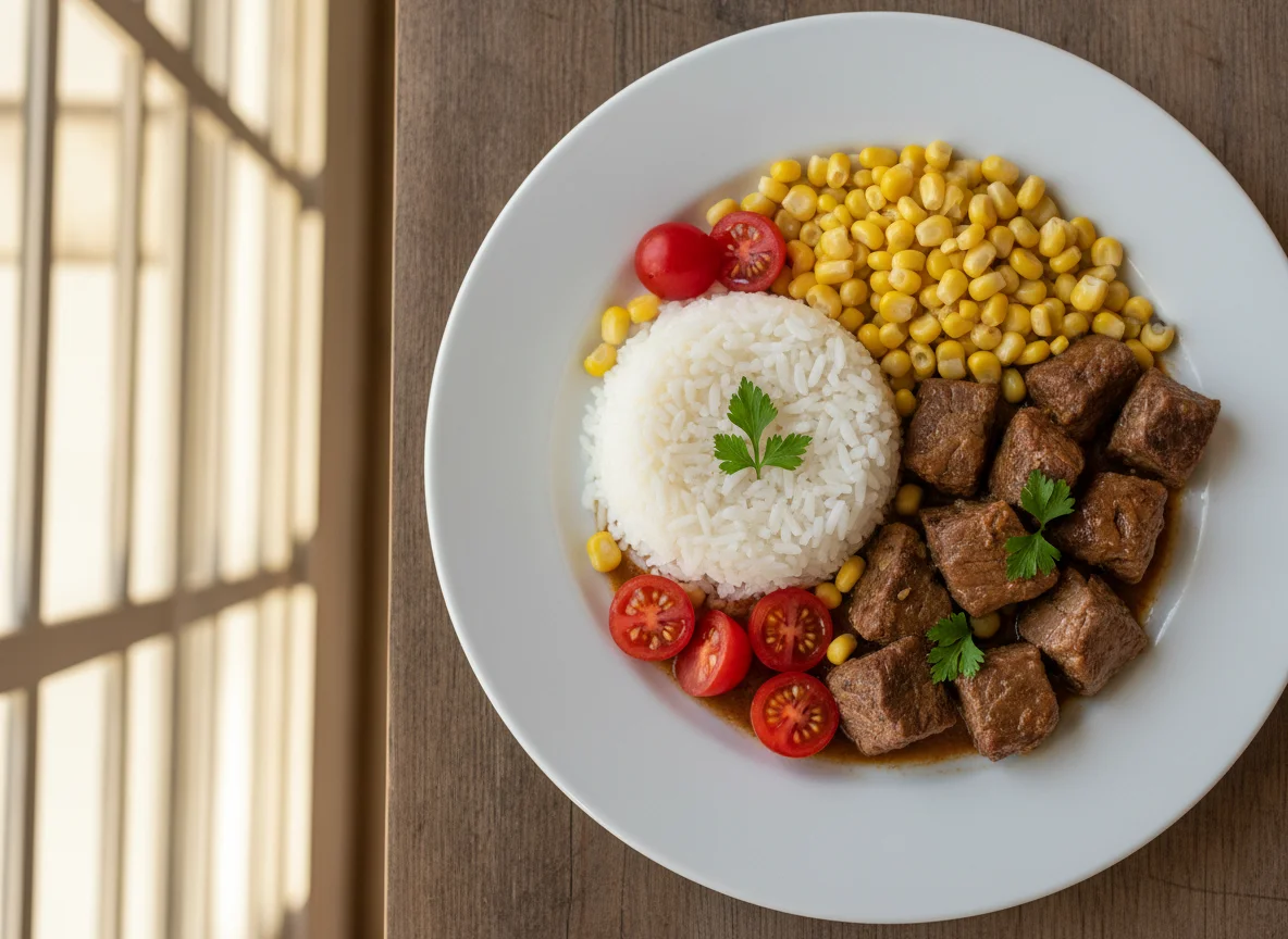 Prato com arroz, carne, milho e tomate cereja photo