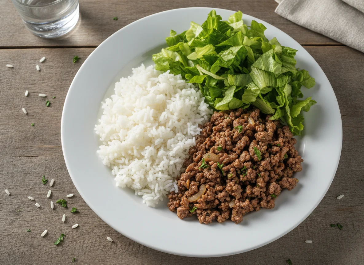 Prato com arroz, carne moída e alface photo