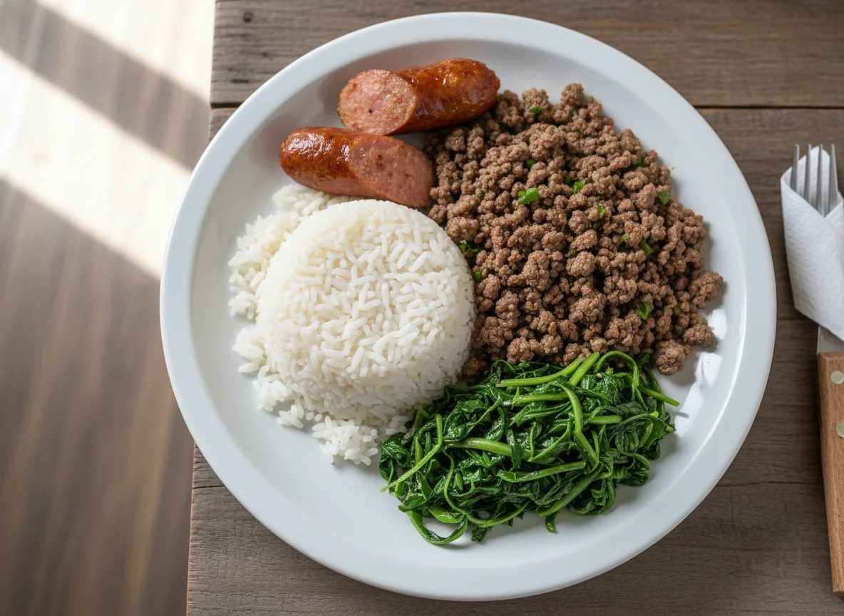 Prato com arroz, carne moída e couve refogada photo
