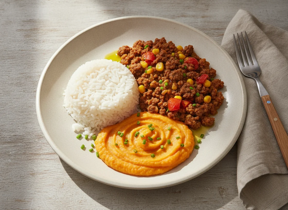 Prato com Arroz, Carne Moída e Purê de Batata Doce photo