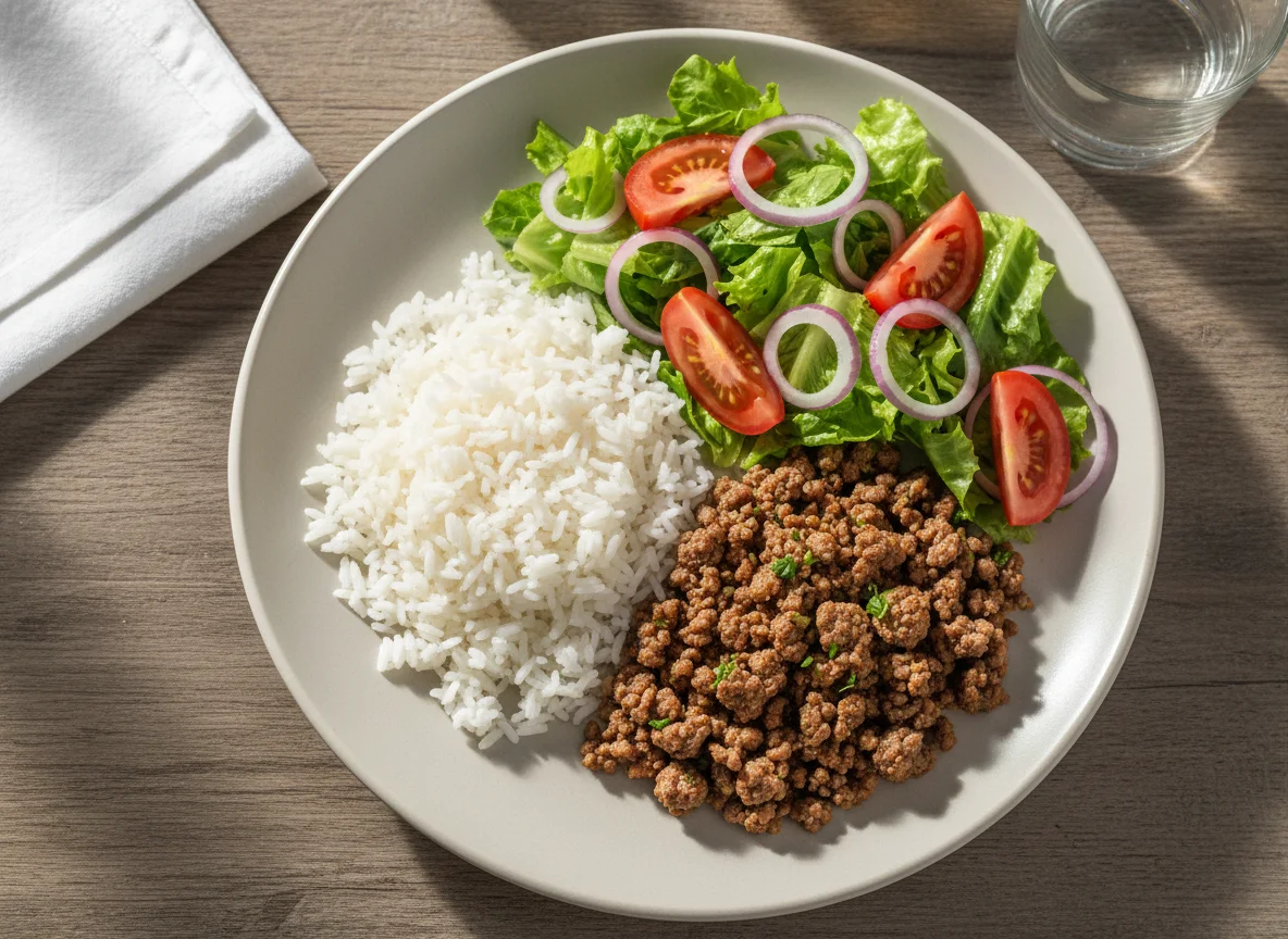 Prato com arroz, carne moída e salada photo