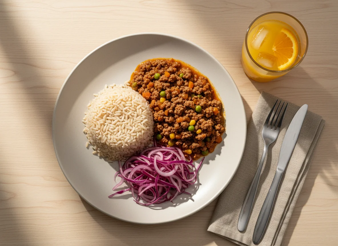 Prato com arroz, carne moída e salada de repolho photo