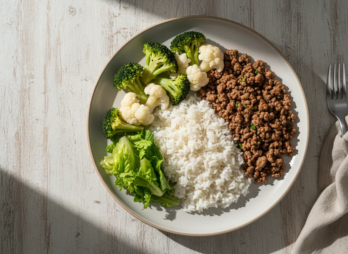 Prato com arroz, carne moída e vegetais photo