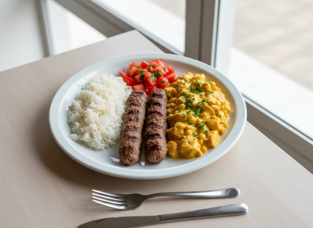 Prato com arroz, carne moída, estrogonofe de frango e salada de tomate photo