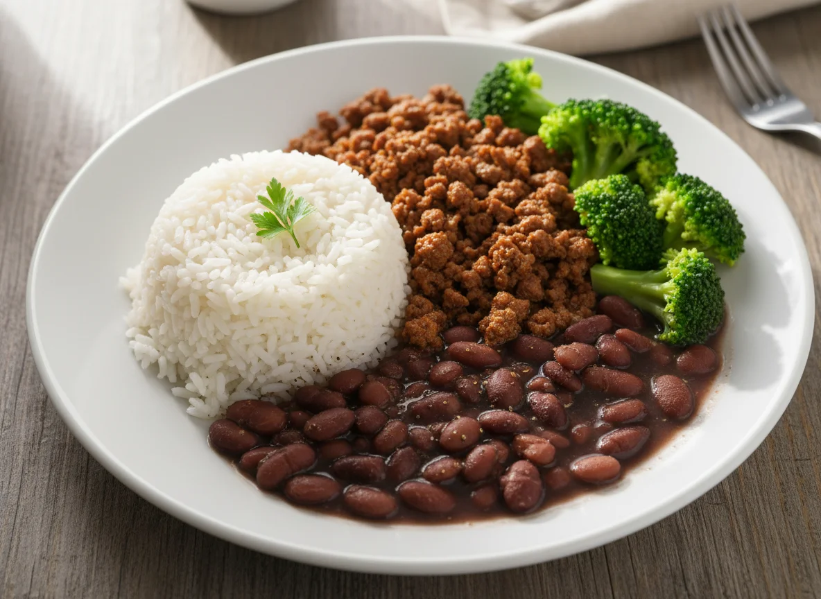 Prato com arroz, carne moída, feijão e brócolis photo