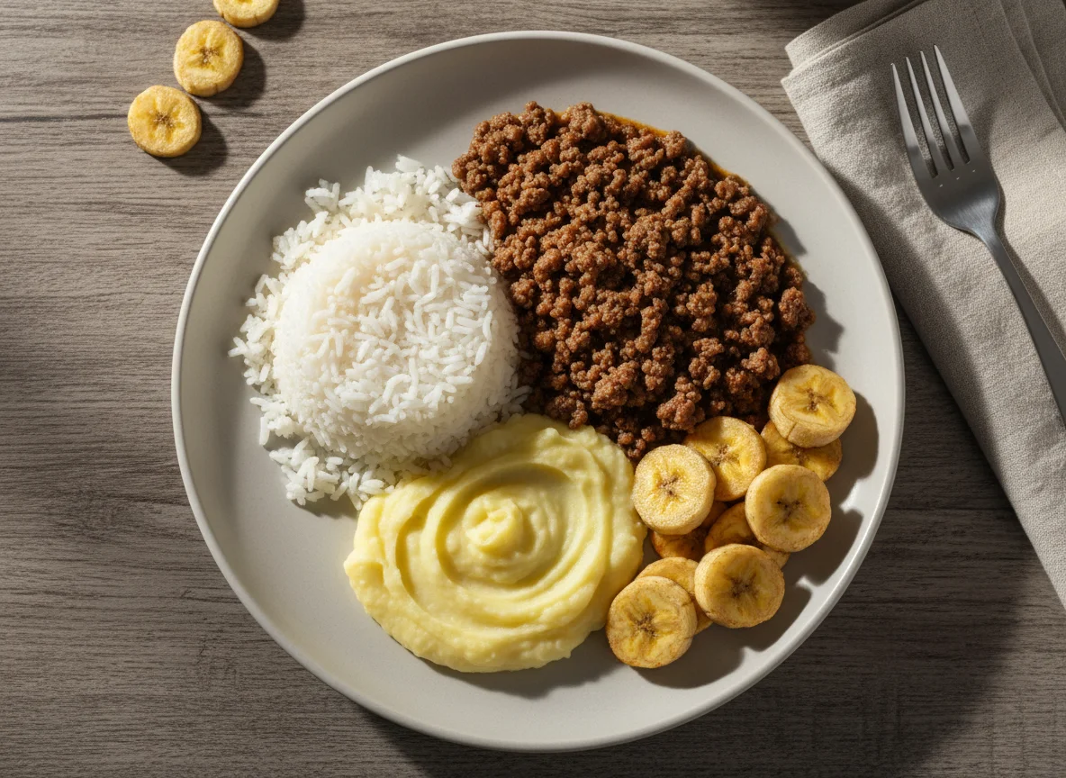 Prato com arroz, carne moída, purê de batata e banana frita photo