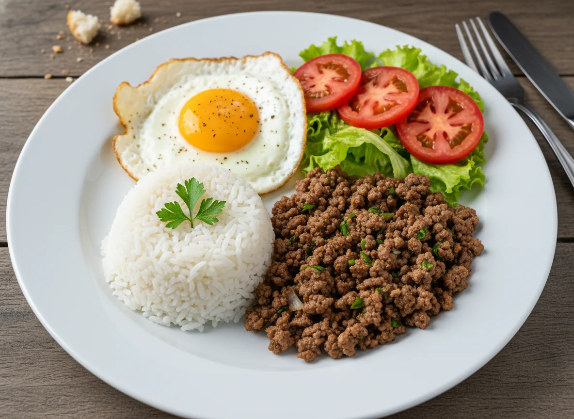Prato com arroz, carne moída, salada e ovo frito photo