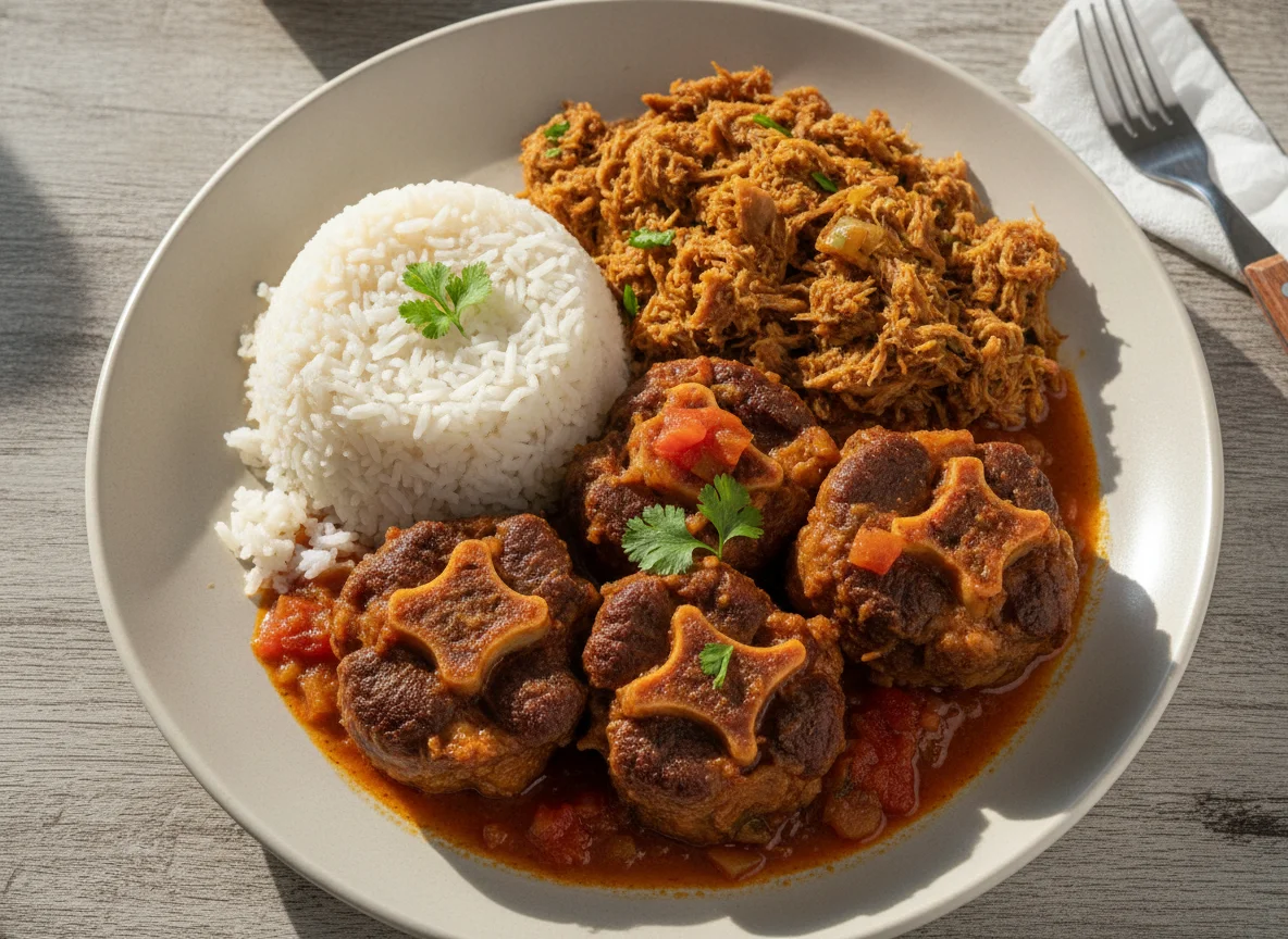 Prato com arroz, carne seca e rabada photo