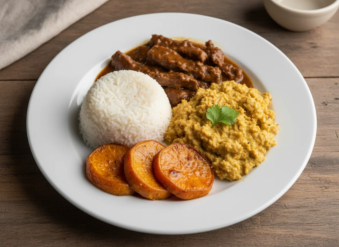 Prato com arroz, carne, vatapá de frango e batata doce photo