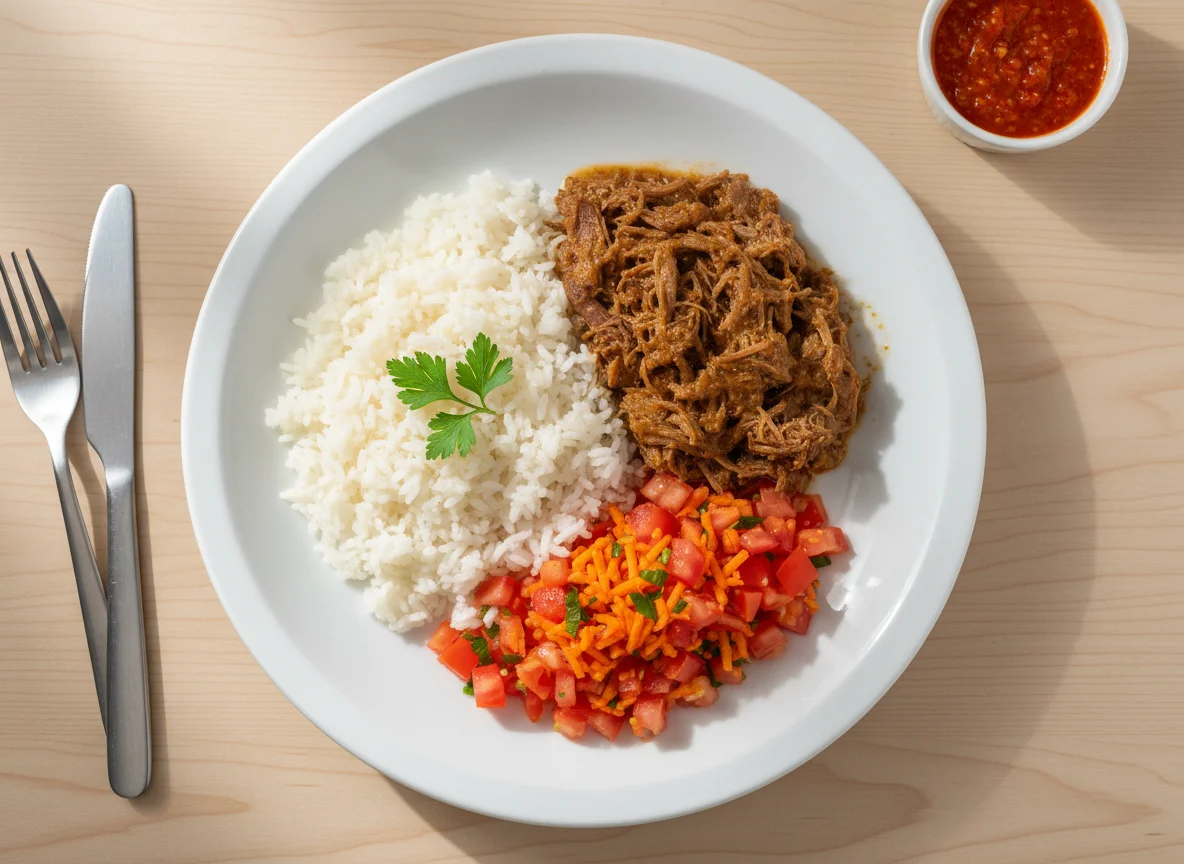Prato com arroz, cenoura, tomate e carne photo