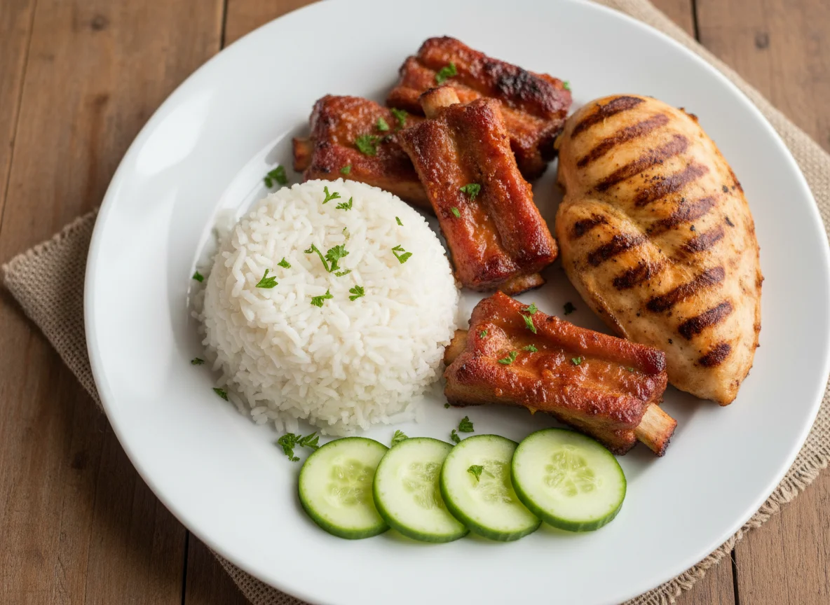 Prato com arroz, costelinha suína, frango grelhado e pepino photo