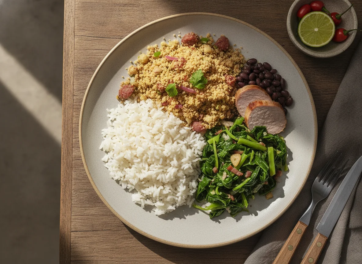Prato com arroz, couve e farofa photo