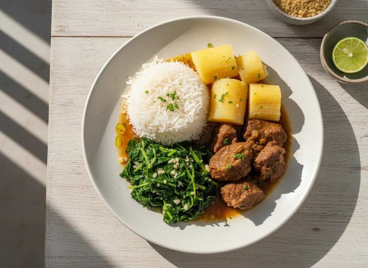 Prato com arroz, couve, mandioca e carne photo