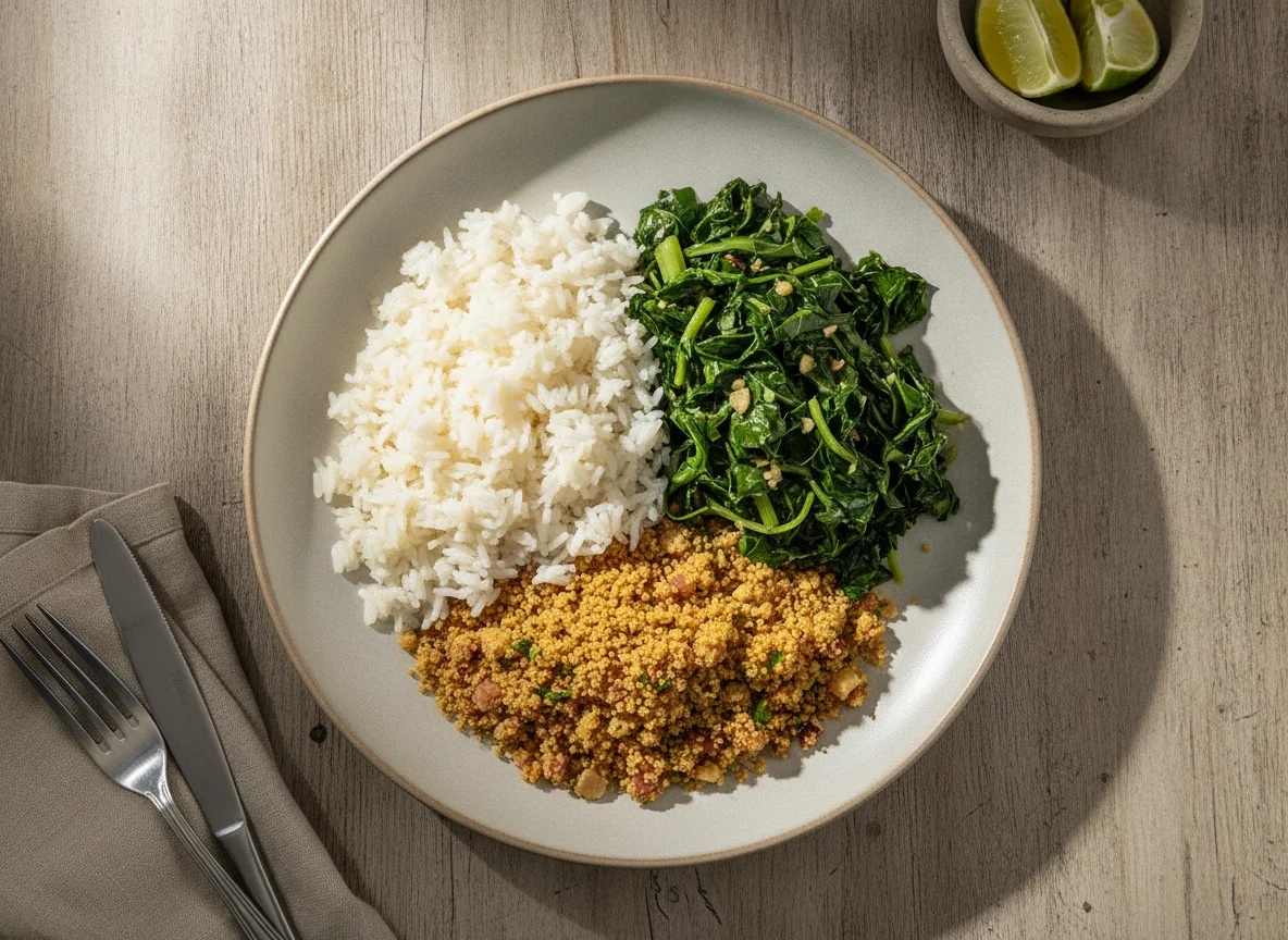 Prato com arroz, couve refogada e farofa photo