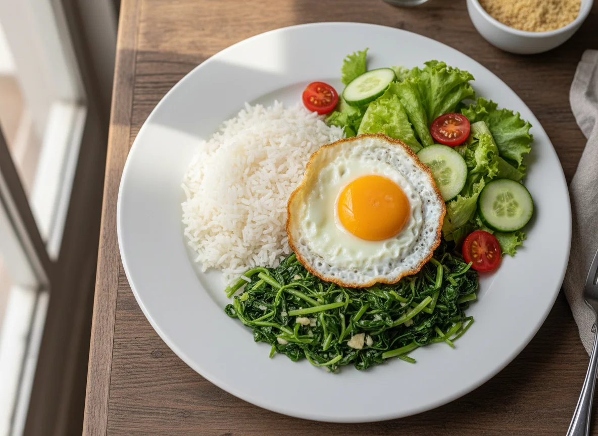Prato com arroz, couve refogada, ovo frito e salada verde photo