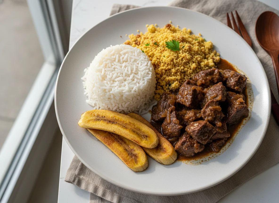 Prato com arroz, farofa, banana e carne photo