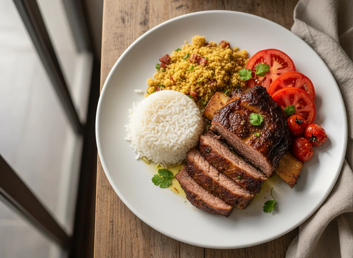 Prato com arroz, farofa, carne assada e tomates photo