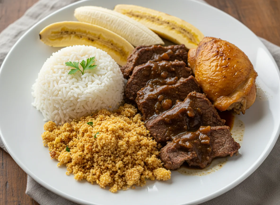 Prato com arroz, farofa, carne e banana photo