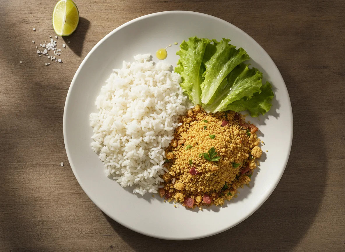Prato com arroz, farofa e alface photo