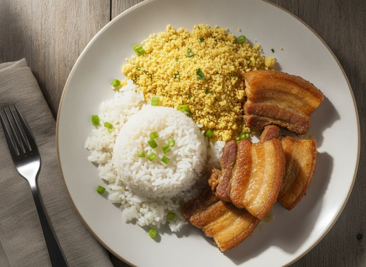 Prato com arroz, farofa e carne photo
