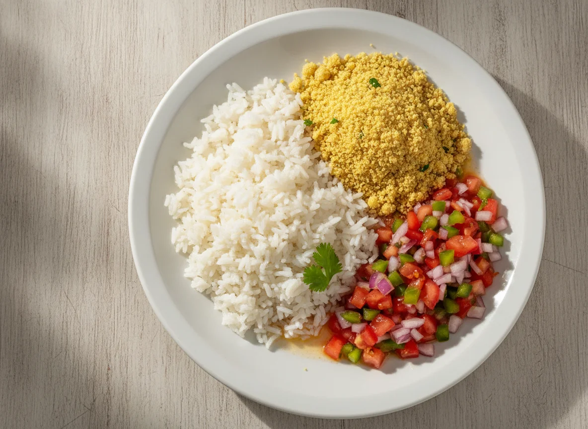 Prato com arroz, farofa e vinagrete photo