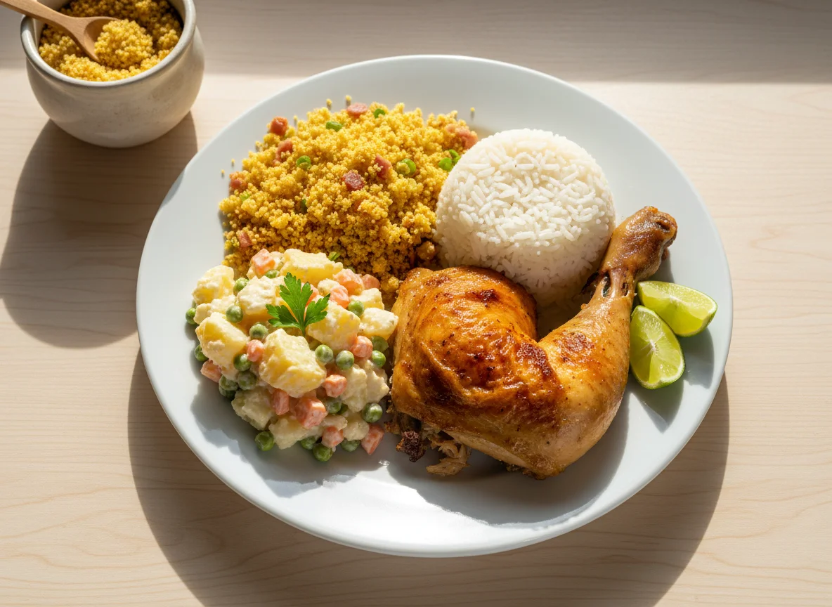 Prato com arroz, farofa, salada de maionese e pernil de frango photo