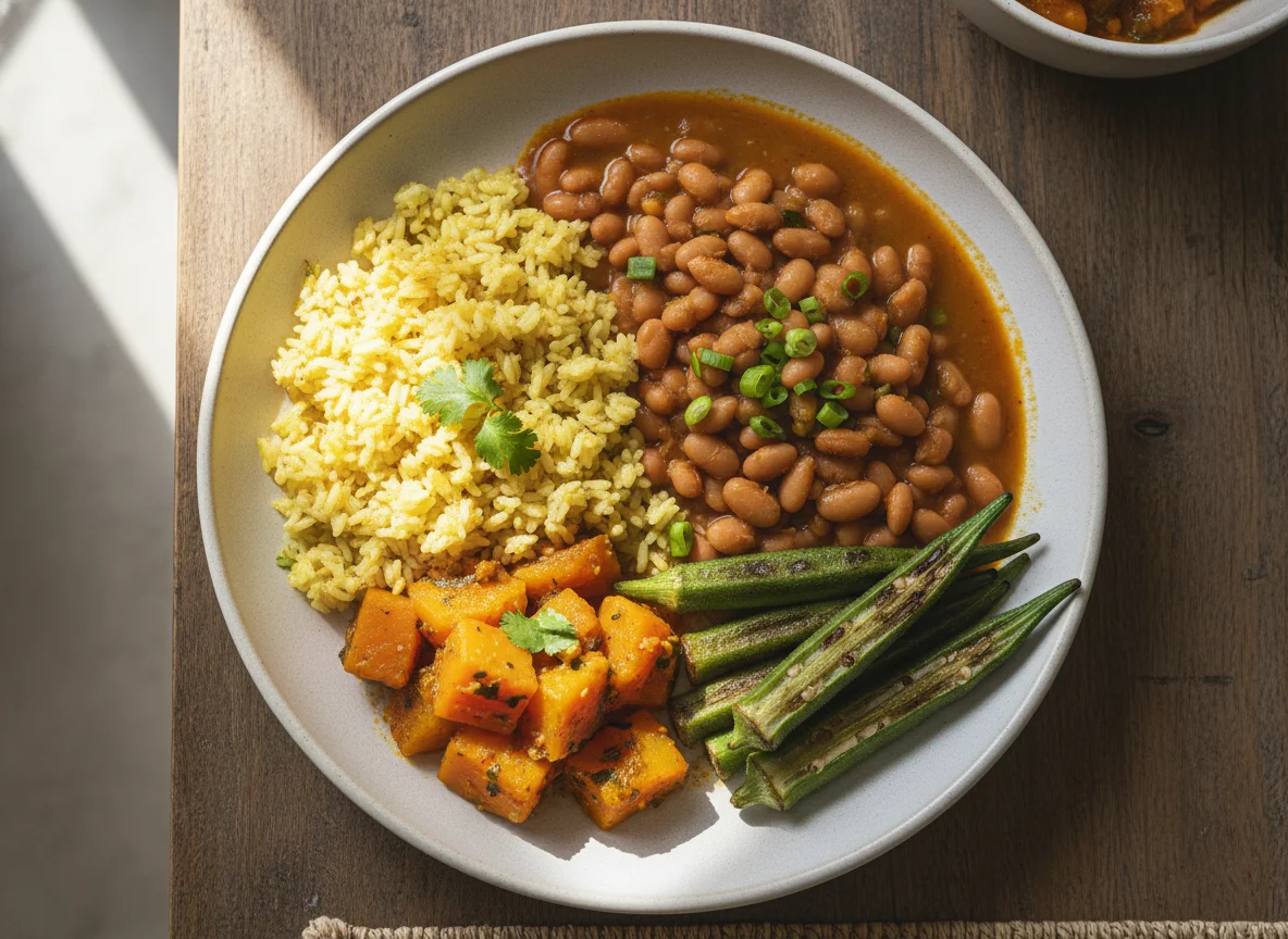 Prato com arroz, feijão, abóbora e quiabo photo