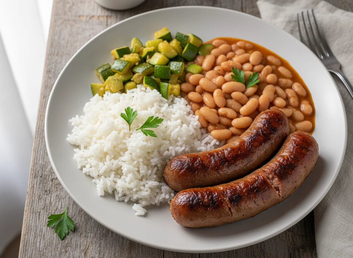 Prato com arroz, feijão, abobrinha e linguiça photo
