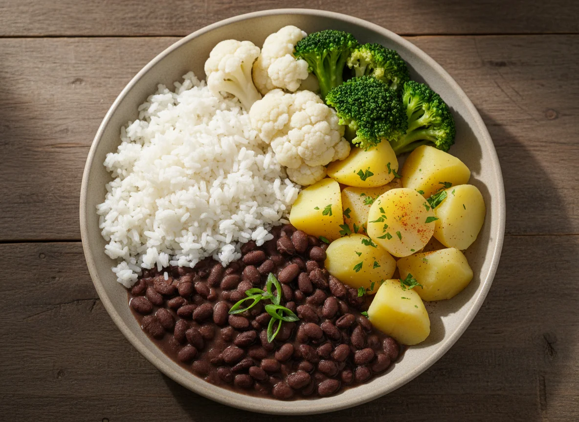 Prato com arroz, feijão, batata, couve-flor e brócolis photo