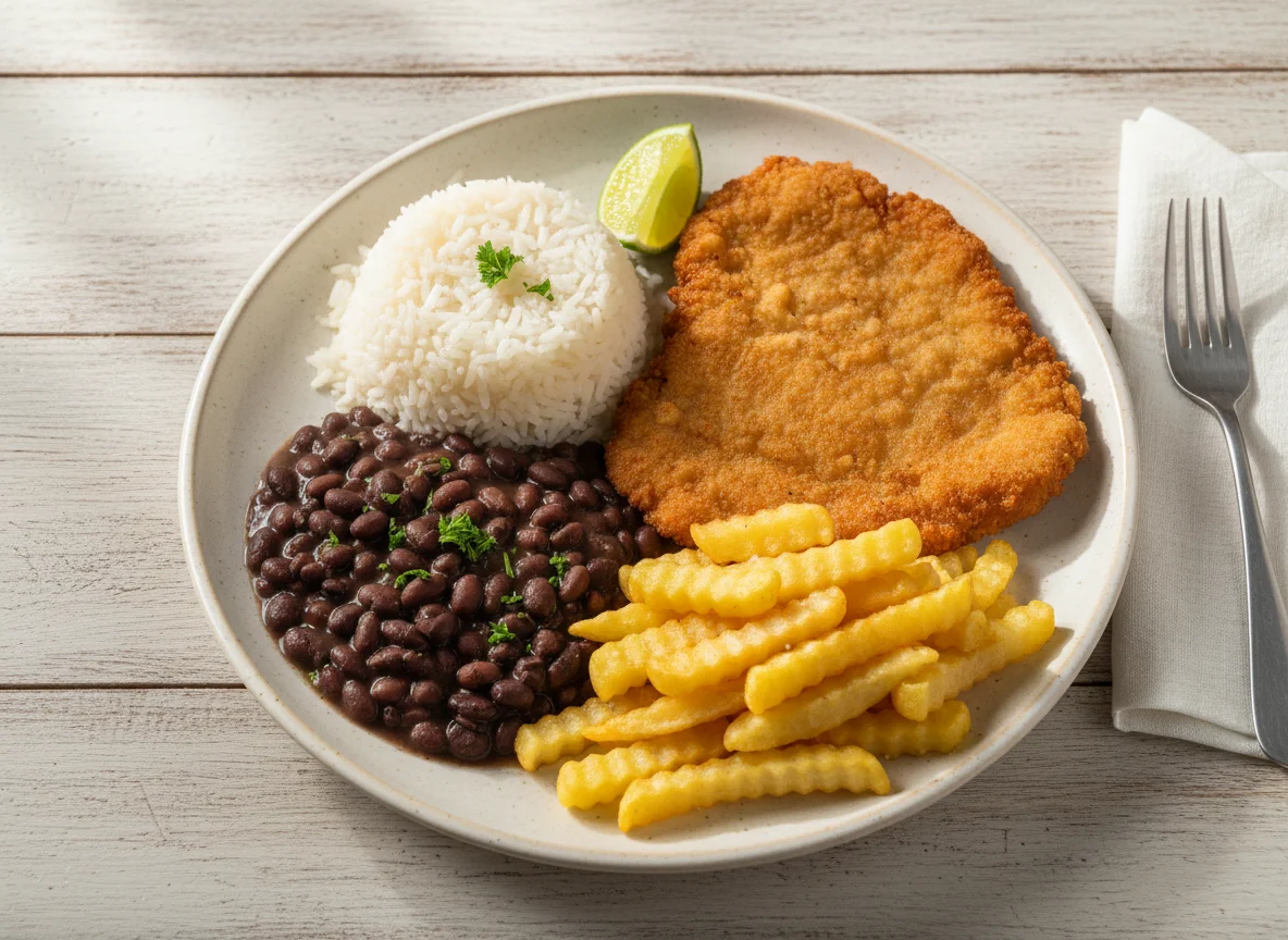 Prato com arroz, feijão, batata frita e bife à milanesa photo