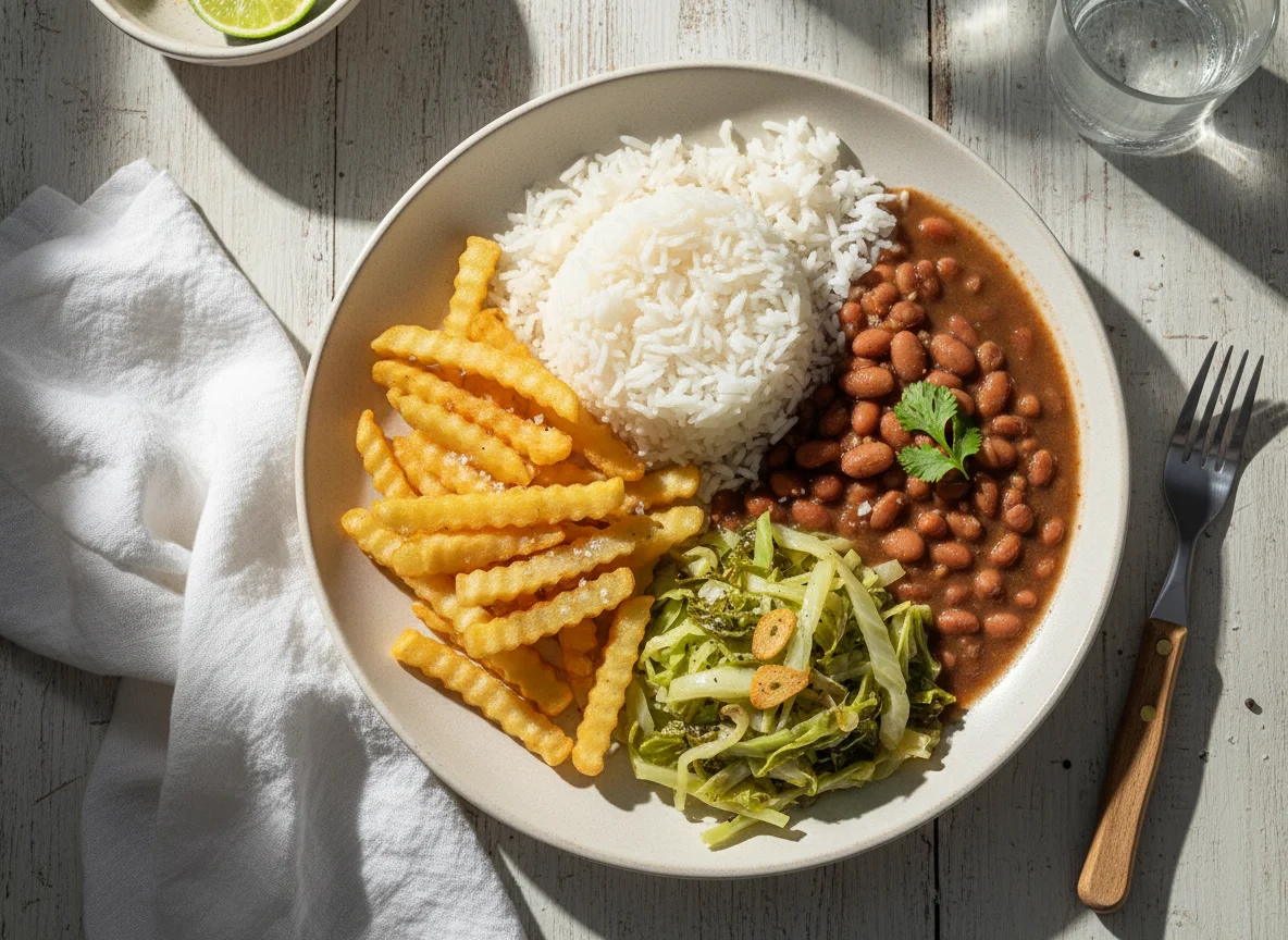 Prato com arroz, feijão, batata frita e repolho refogado photo