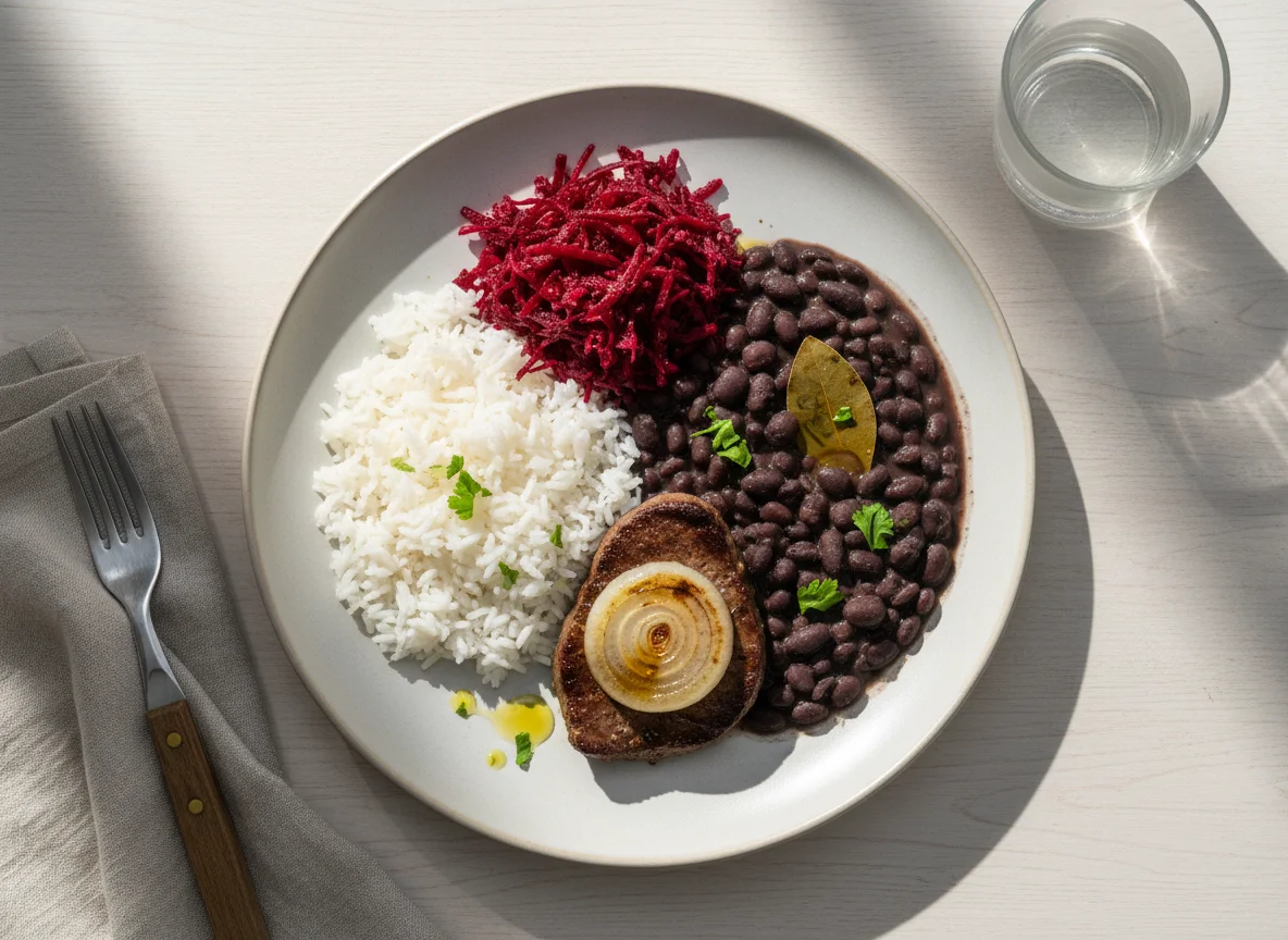 Prato com arroz, feijão, bife e beterraba ralada photo