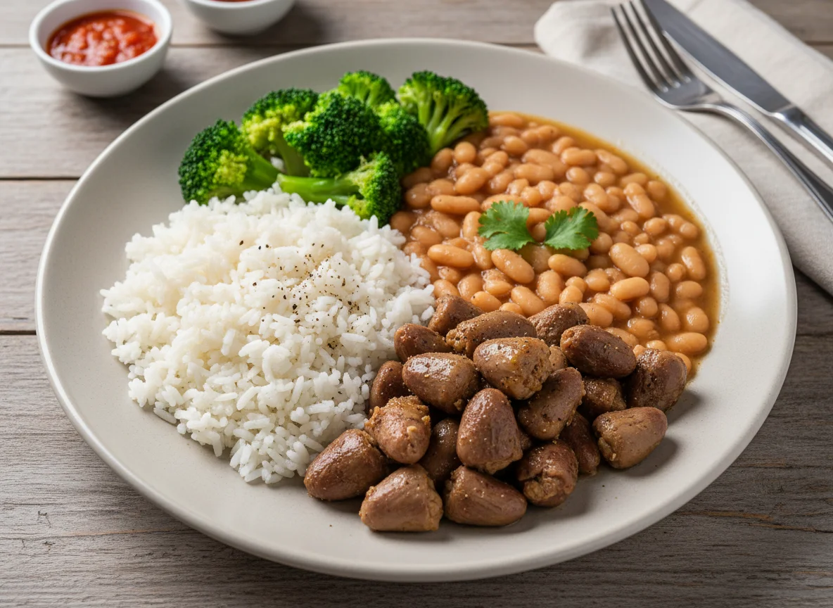 Prato com arroz, feijão, brócolis e carne photo