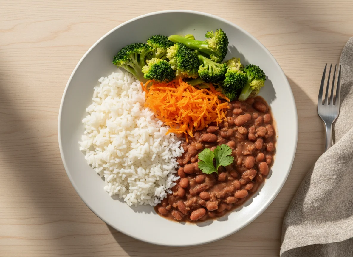Prato com arroz, feijão, brócolis e cenoura ralada photo