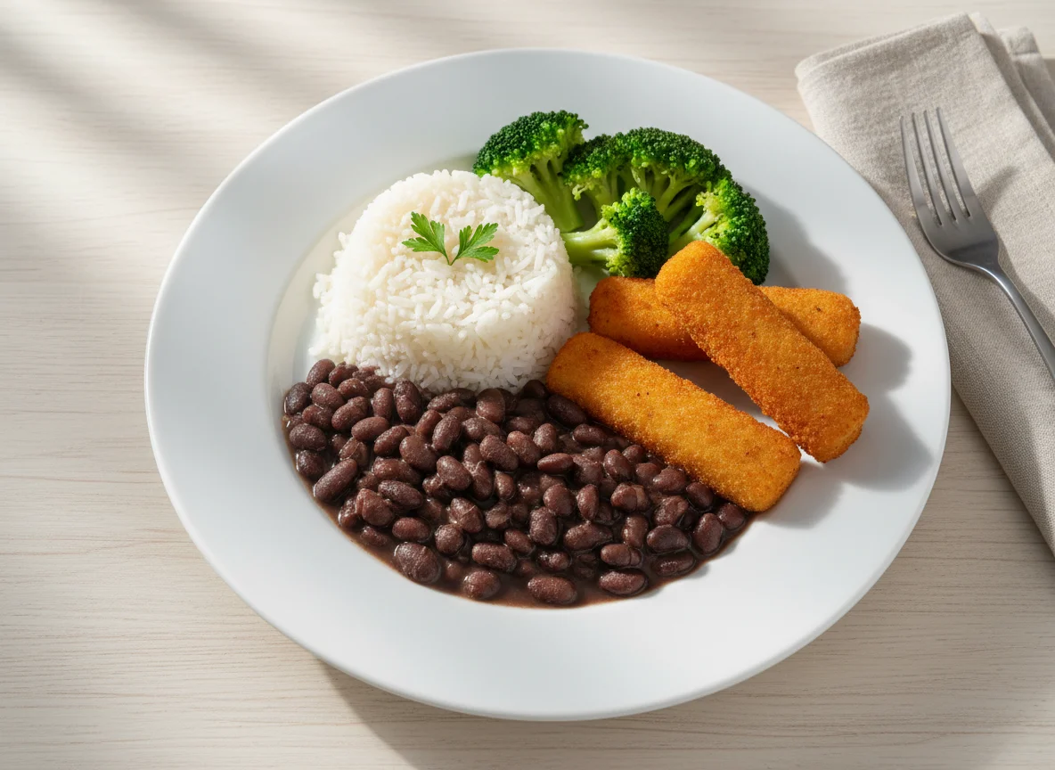 Prato com arroz, feijão, brócolis e empanados de peixe photo