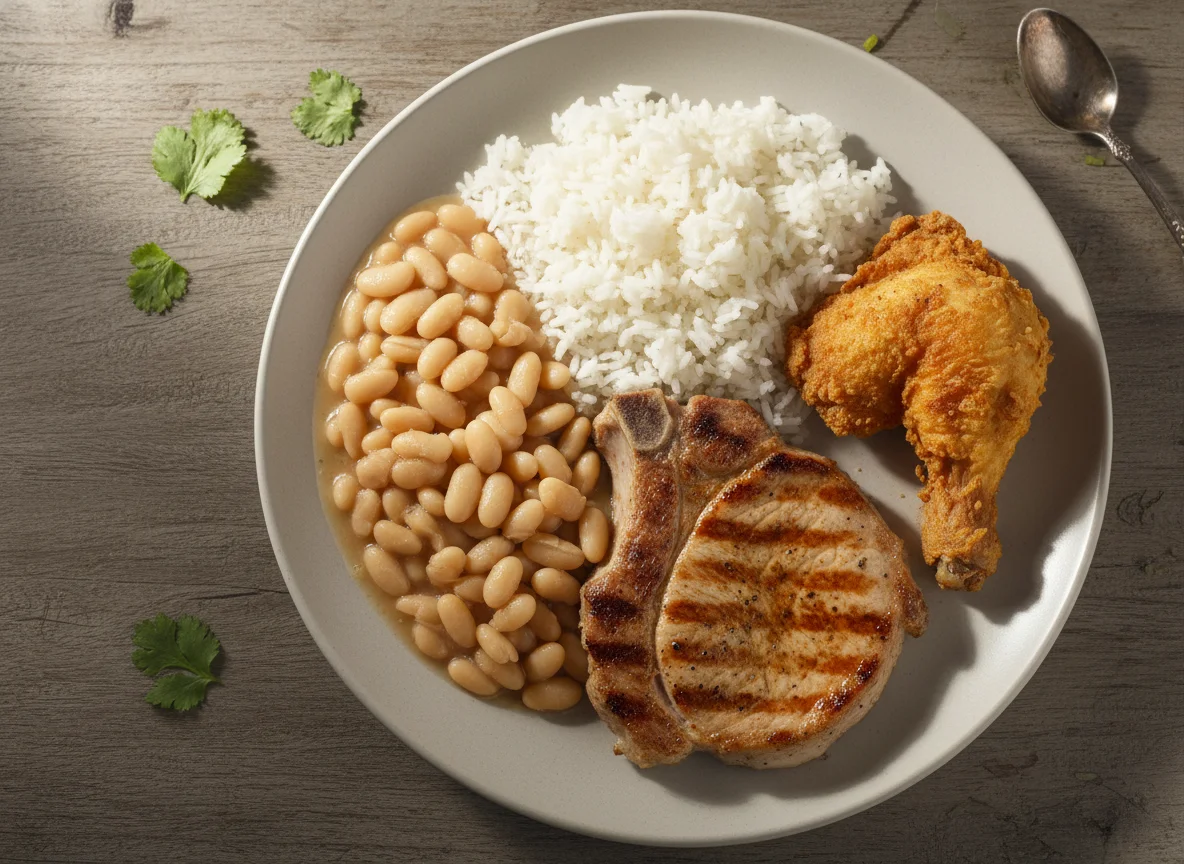 Prato com arroz, feijão, carne de porco e frango frito photo