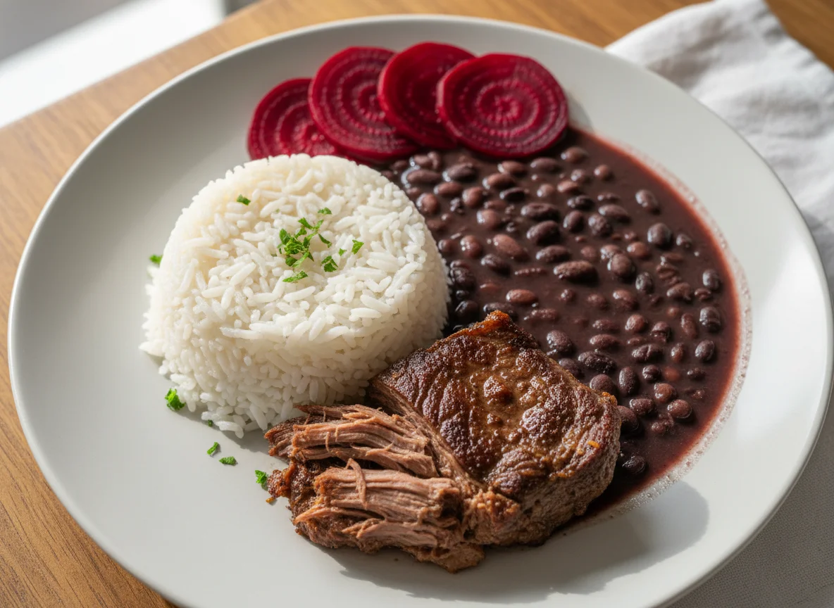 Prato com arroz, feijão, carne e beterraba photo