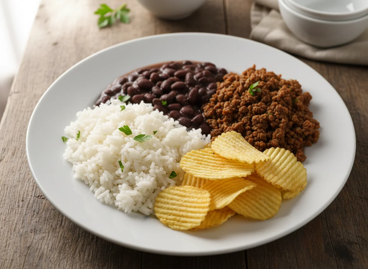 Prato com arroz, feijão, carne moída e batata chips photo
