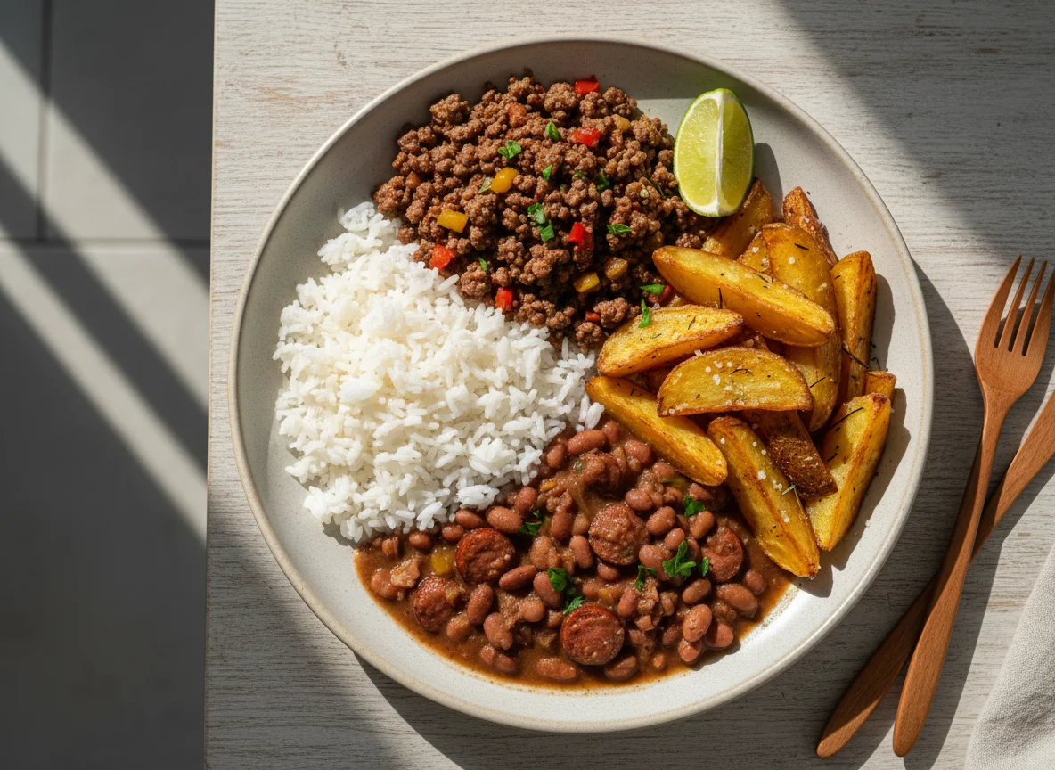 Prato com arroz, feijão, carne moída e batata rústica photo