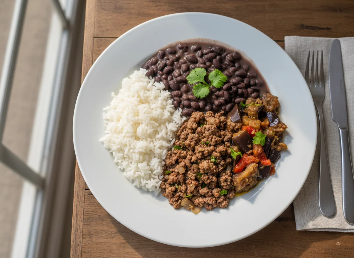 Prato com arroz, feijão, carne moída e refogado de berinjela photo