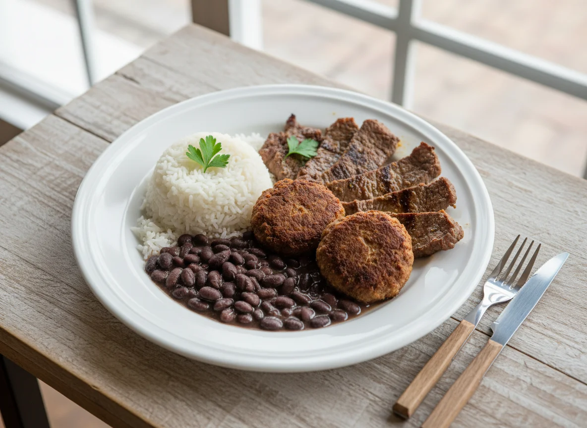 Prato com arroz, feijão e carne photo