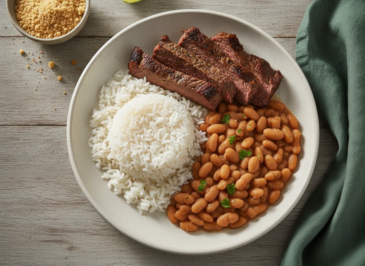Prato com arroz, feijão e carne assada photo