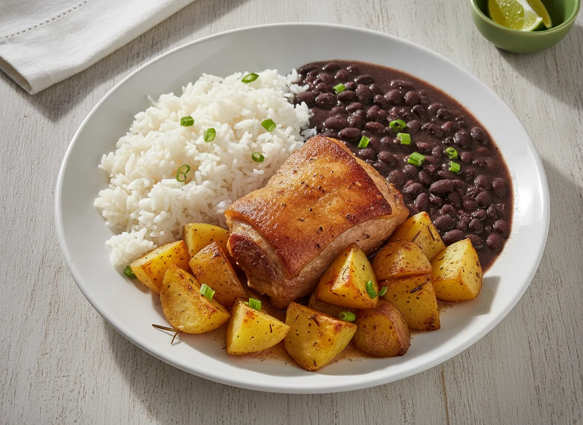 Prato com arroz, feijão e carne com batata photo