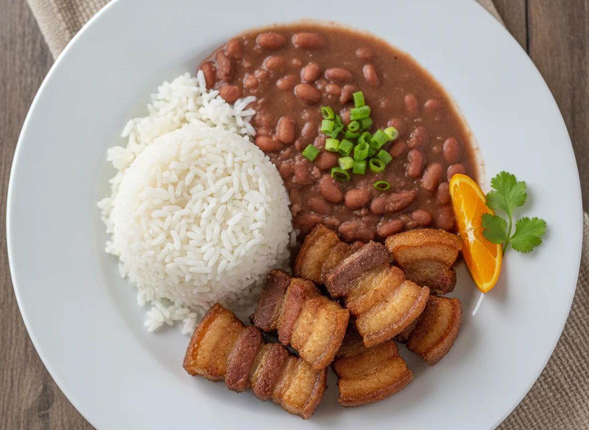Prato com arroz, feijão e carne de porco photo