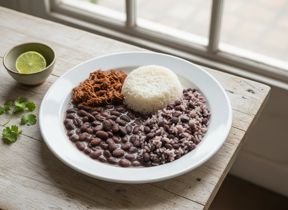 Prato com arroz, feijão e carne desfiada photo