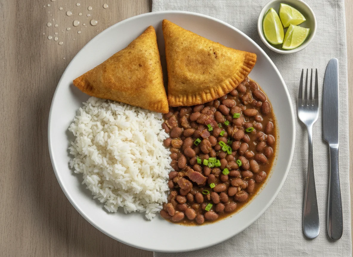 Prato com arroz, feijão e empanado frito photo