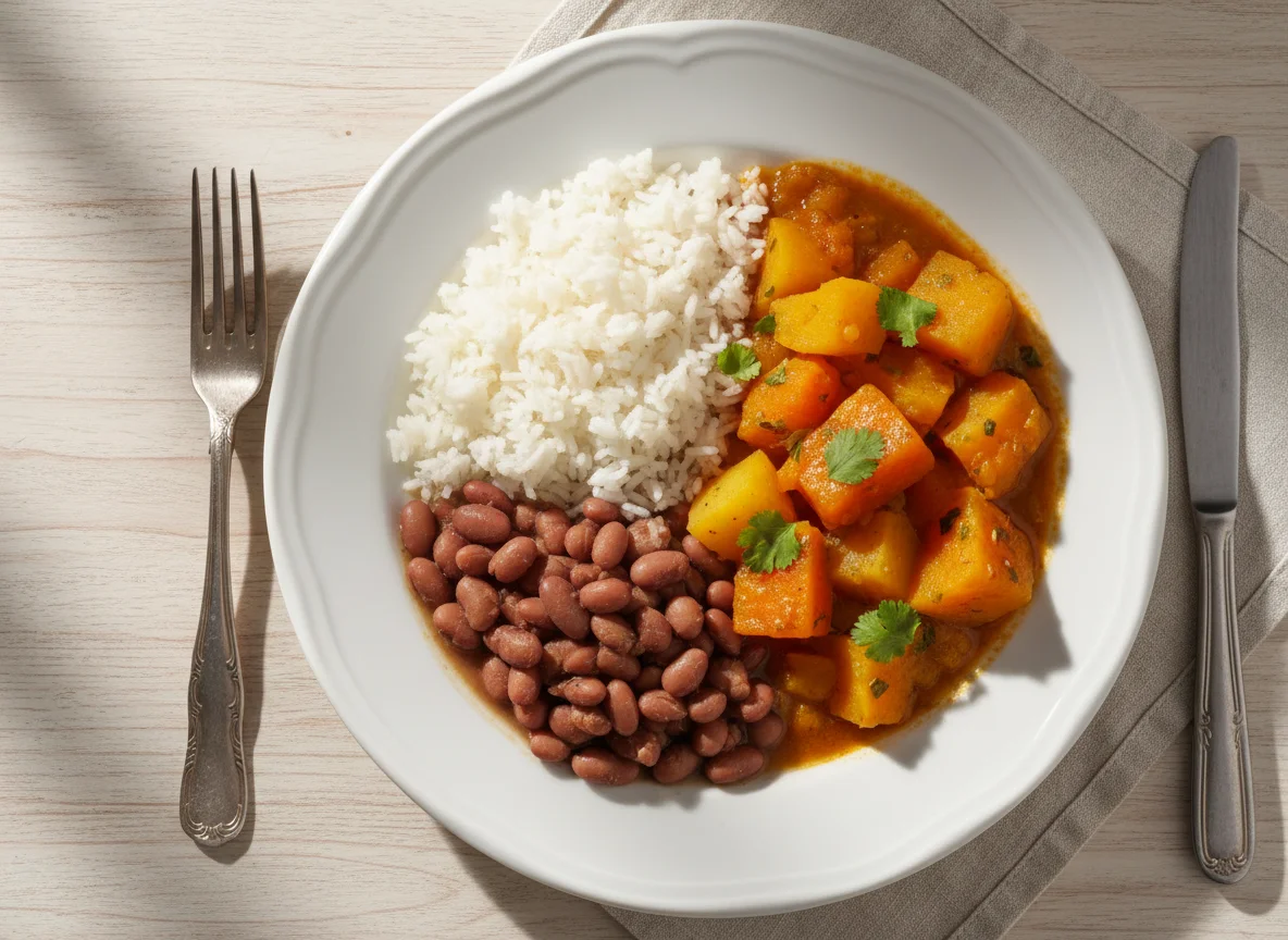 Prato com arroz, feijão e ensopado de legumes photo