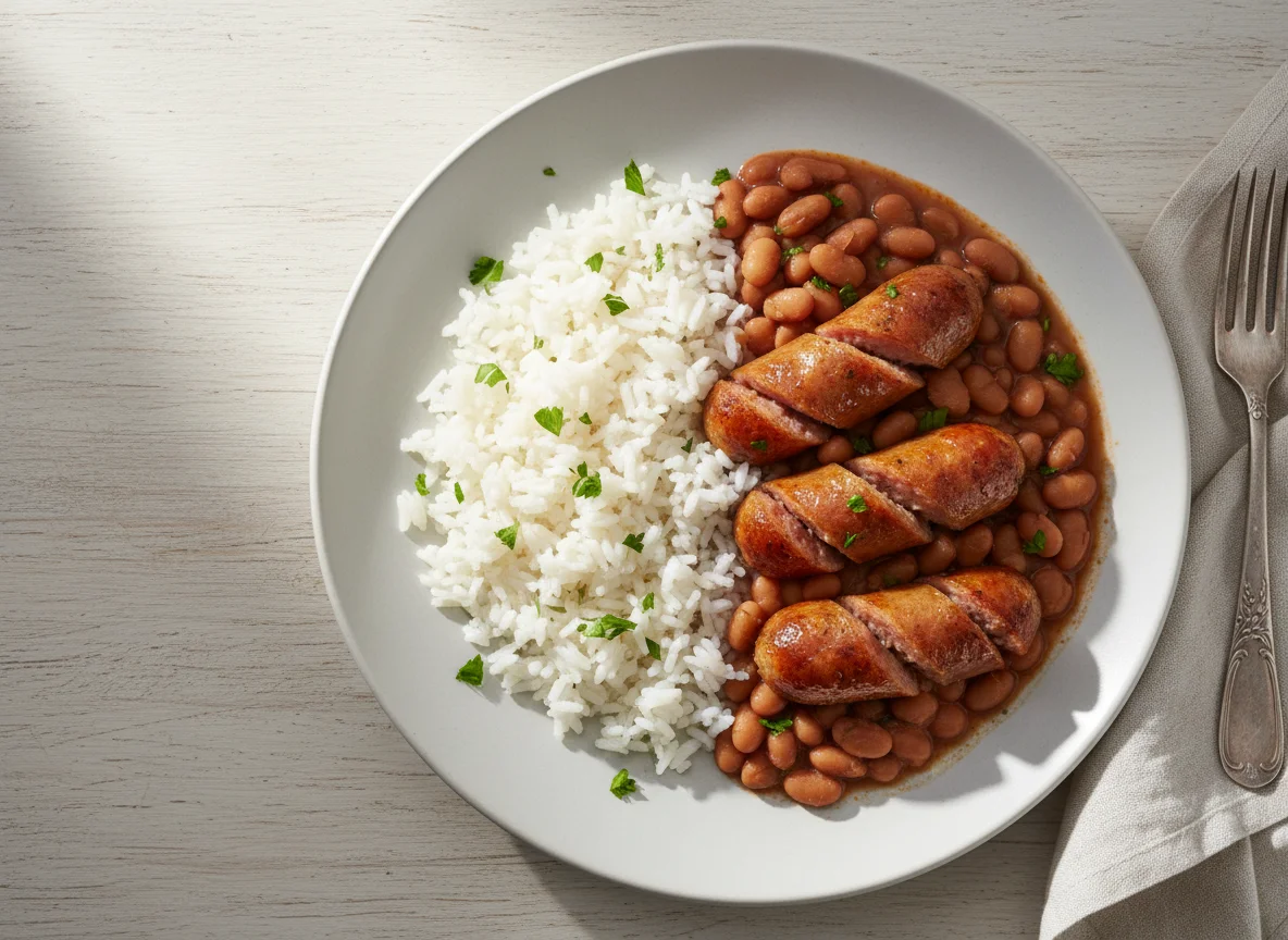 Prato com arroz, feijão e linguiça photo