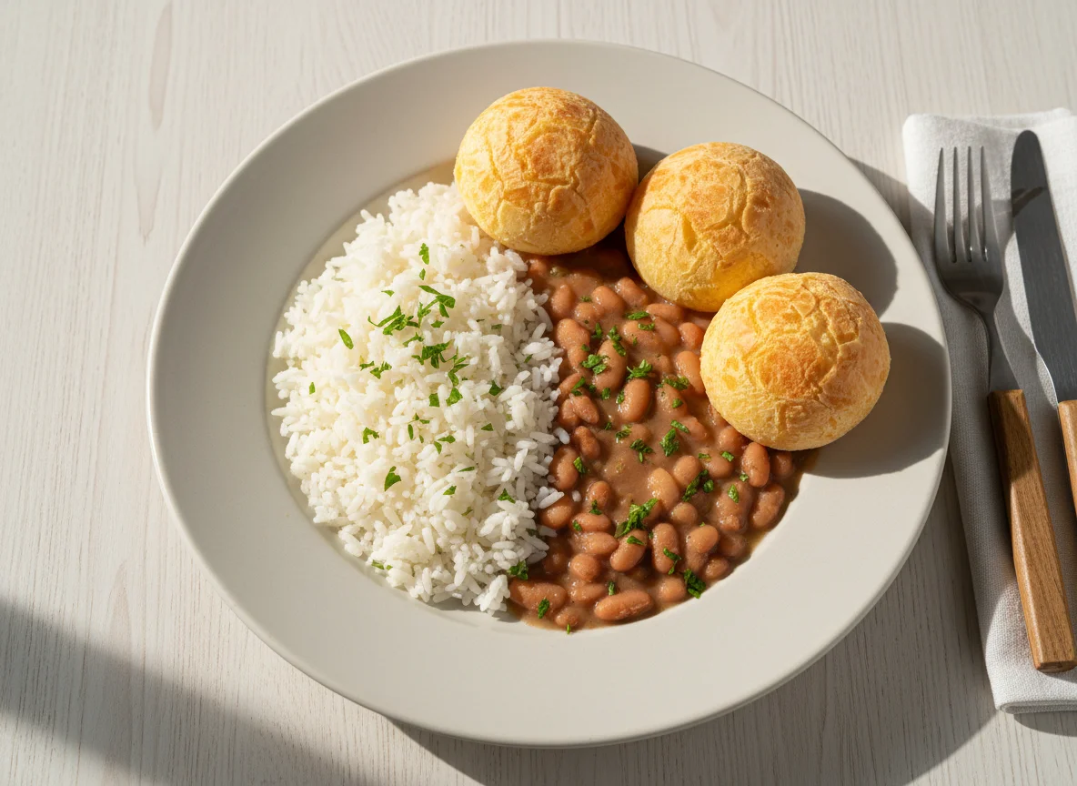 Prato com arroz, feijão e pão de queijo photo